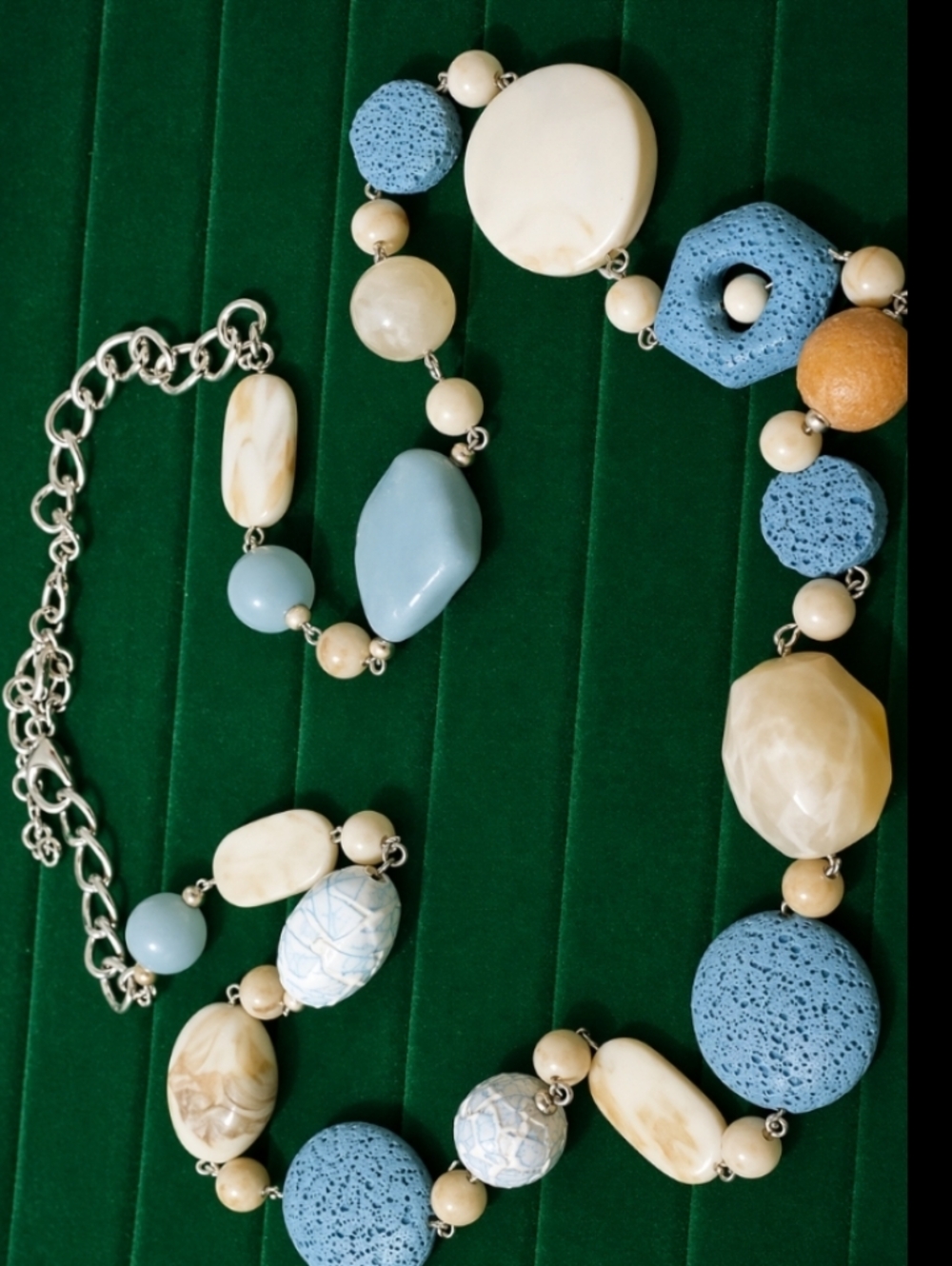 Vintage 80s Long Statement Necklace Blue White Stone Bead Chunky Artisan Natural